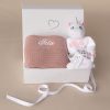 Personalised Blush Pink Blanket, Shoes and Unicorn Baby Gift in a box with ribbon.