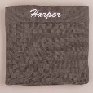 Large Personalised Olive Green Baby Knitted Blanket embroidered with girls name Harper with white thread.