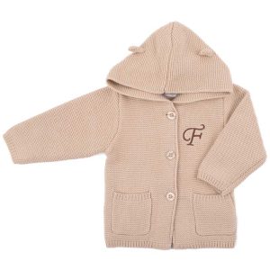 A beige knitted baby cardigan pesonalised with the letter F.