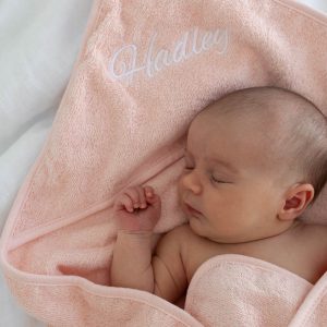 Personalised Pink Hooded Baby Towel with girls name embroidery.