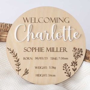 3D Birth Details Announcement Disc Light personalised with the name Charlotte using an acrylic insert.