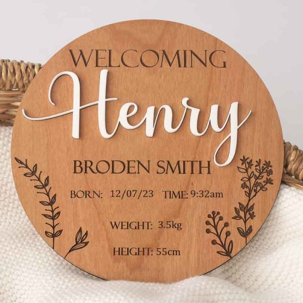3D Birth Details Announcement Disc Dark engraved with the boys name Henry.