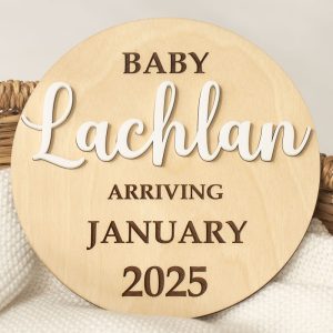 3D Birth Name and Details Announcement Disc engraved with boys name Lachlan.