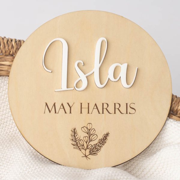 Light 3D Birth Announcement Name Disc with name Isla added with an acrylic insert.