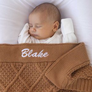 Personalised Brown Diamond Knitted Baby Blanket embroidered with boys name Blake.