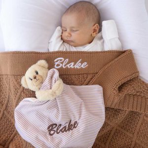 Personalised Brown Diamond Knitted Blanket and Bear Baby Gift Blake.