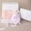 Personalised Newborn Baby Gift Pink Knitted Blanket and Bunny in box with ribbon.