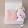 Pink Knitted Blanket, Bunny Comforter and Shoes Baby Gift For Girls inside box ready to give.