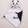 Personalised Panda Baby Comforter embroidered with boys name Noah using black thread.