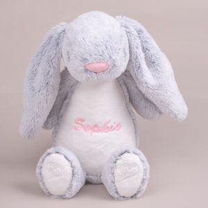 A personalised bunny with long floppy ears embroidered with Sophie.