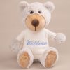 Personalised Teddy Bear wearing a white jumper embroidered with the name William.