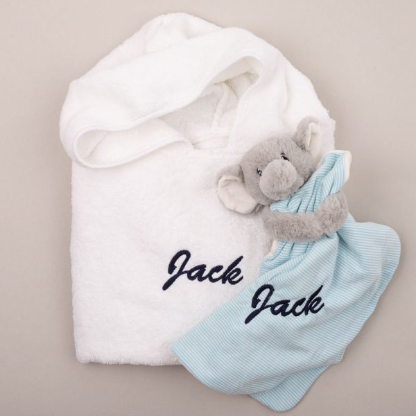 Personalised White Hooded Poncho & Elephant Baby Gift