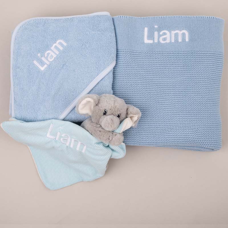 Blue Knitted Blanket, Elephant & Blue Hooded Towel Baby Gift