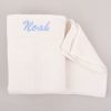 White personalised baby blanket embroidered with Noah in blue Christening gift.