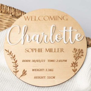 3D Birth Details Announcement Disc – Light customised with girls name Charlotte.