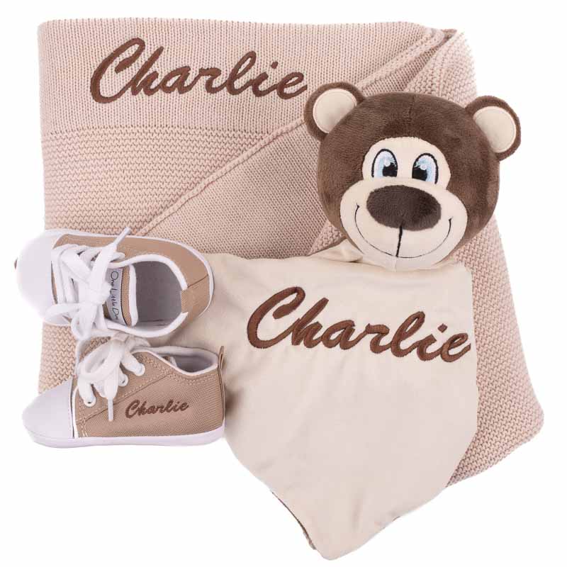 Personalised Beige Blanket, Shoes and Brown Bear Boy Gift.