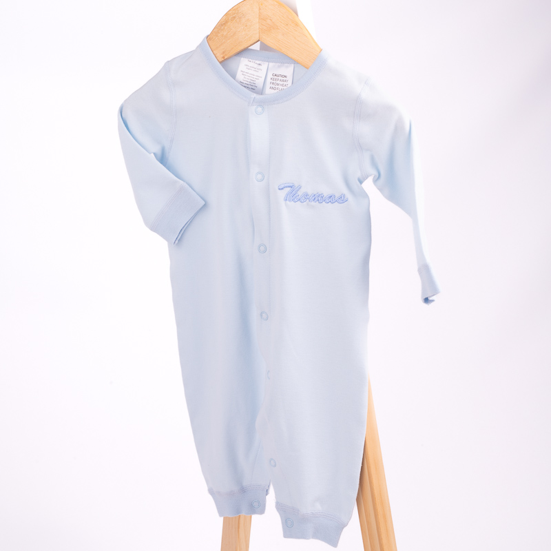 Baby Organic Cotton Blue Personalised embroider with the name Thomas in blue thread.