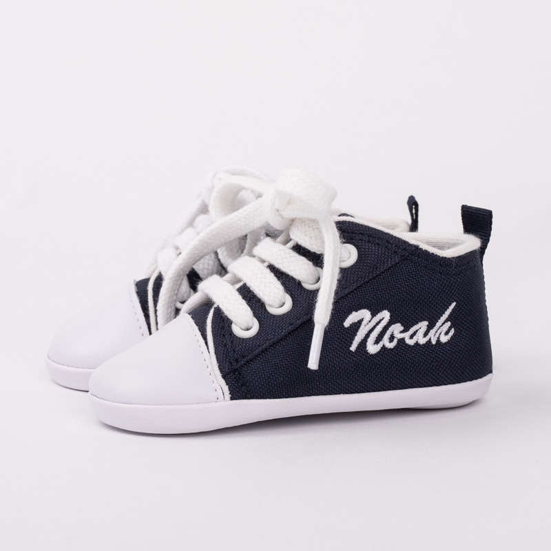 Personalised Navy Blue Baby Boy Shoes embroidered with Noah