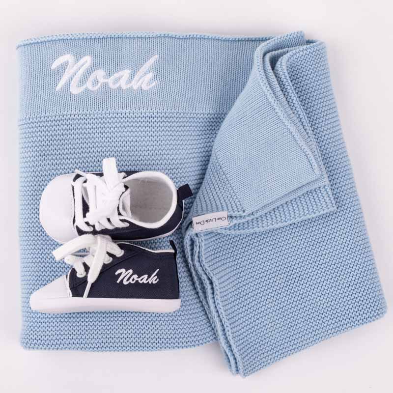 Personalised Blue Knitted Blanket and Shoes Newborn Gift for Boys.