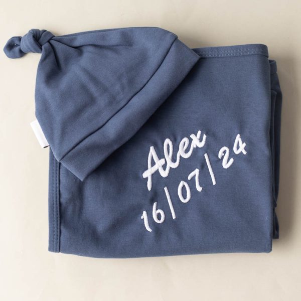 Navy Beanie & Swaddle Baby Gift Set personalised with the name Alex.