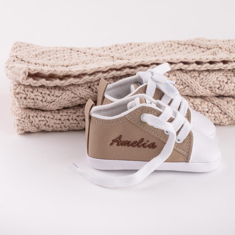 Personalised Beige Diamond Knitted Blanket and Personalised Sand Baby Shoes with name embroidery,