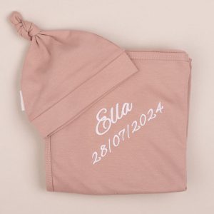 Blush Pink Beanie and Personalised Swaddle Baby Gift Set embroidered with the name Ella.