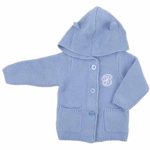 A blue hooded knitted baby cardigan personalised with a fancy embroidered initial.