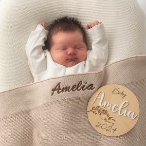 Personalised Beige Blanket and Name Year Baby Disc Gift Set.