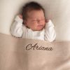 Personalised Beige Knitted Baby Blanket embroidered with girls name Ariana.