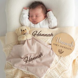 Personalised Cream Diamond Blanket, Bear and Baby Name Disc.