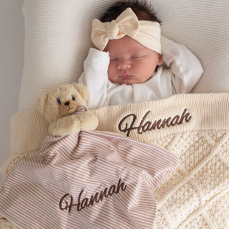 Personalised cream diamond knitted blanket and bear comforter gift.