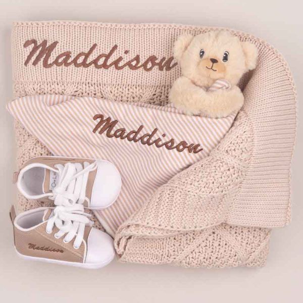 A Beige Diamond Blanket, Bear comforter & Shoes personalised with the name Maddison.