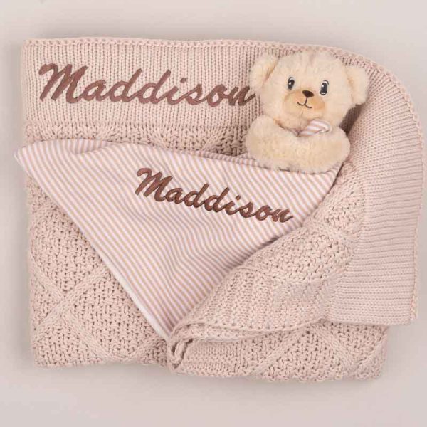 A eige Diamond Knitted Blanket & Bear personalised with the name Maddion.