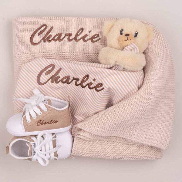 Beige Knitted Blanket, Bear Comforter & Shoes baby gift personalised with embroidery.