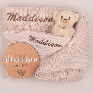 Blanket, Bear & Baby Name Disc with the name Maddison.