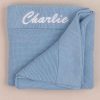 Personalised Blue Knitted Blanket for boys embroidered with the name Charlie.