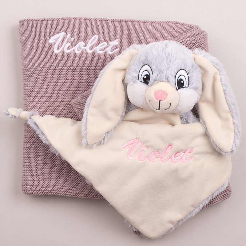 Personalised Dusty Lilac Knitted Blanket and Grey Bunny Baby Gift.