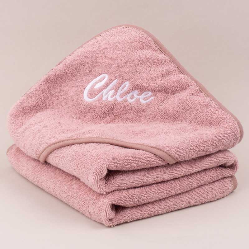 Personalised blush pink baby towel embroidered with girls name Chloe.