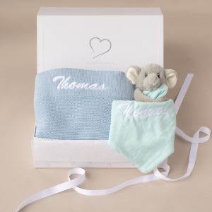 Personalised Blue Baby Knitted Blanket and Elephant in a gift box with ribbon.