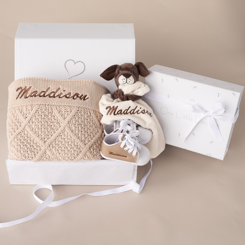 Personalised beige diamond blanket, puppy comforter and shoes gift in a box embroidered with girls name.