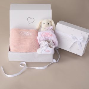 Pink Knitted Blanket, Bunny Comforter and Shoes Baby Gift For Girls.