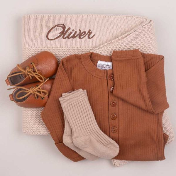 Beige Knitted Blanket, Brown Shoes and Socks Baby Gift embroidered with Oliver.