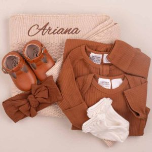 Beige Knitted Blanket, Brown T Bar Shoes and Socks Baby Gift embroidered with the name Ariana.