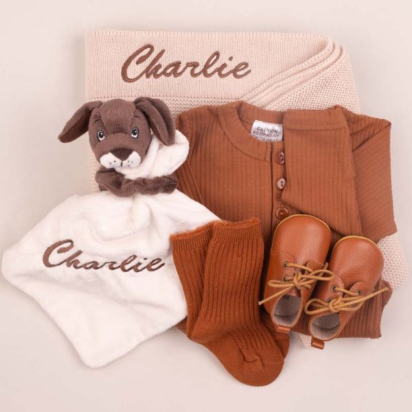 Beige Knitted Blanket, Romper, Puppy, Shoes and Socks Baby Gift embroidered with Charlie.