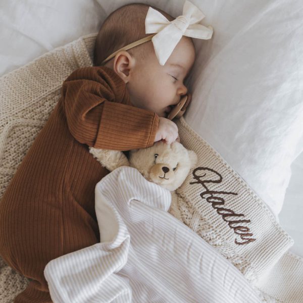 Cream Diamond Blanket, Bear and Onesie Baby Gift embroidered with Hadley.