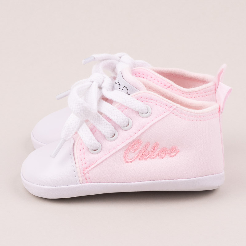 Pink personalised baby girl shoes embroidered with Chloe.