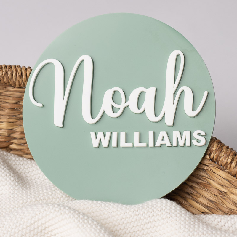 Acrylic Green Baby Name Plaque customised with boys name Noah.