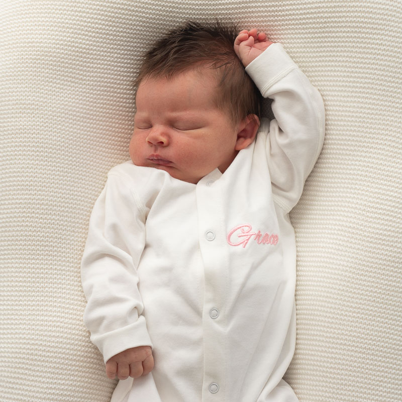 Baby Organic Cotton White Personalised Onesie embroidered with girls name.