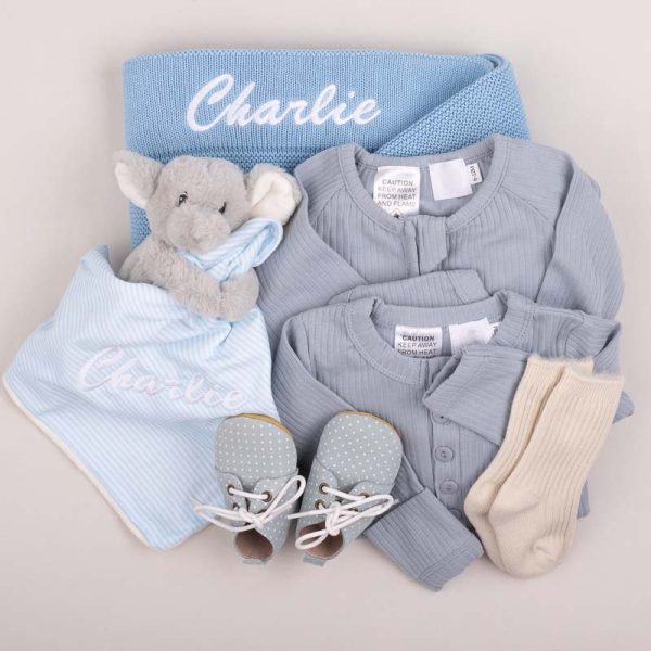 Blue Knitted Blanket, Elephant, Romper, Shoes and Socks Baby Gift for boys embroidered with Charlie.