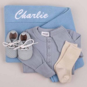 Blue Knitted Blanket, Romper, Shoes and Socks Baby Gift for boys embroidered with Charlie.